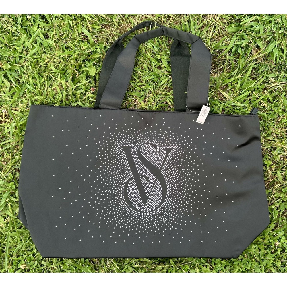 Victoria's Secret Tote Bag Womens Large Black Rhinestone VS Logo Shopper New